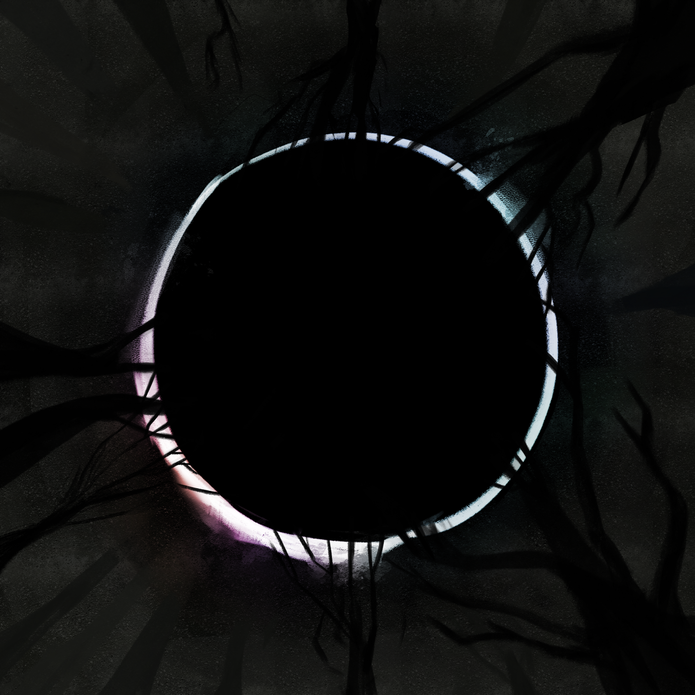 A painted total solar eclipse, with leafless trees reaching, by Avyary.